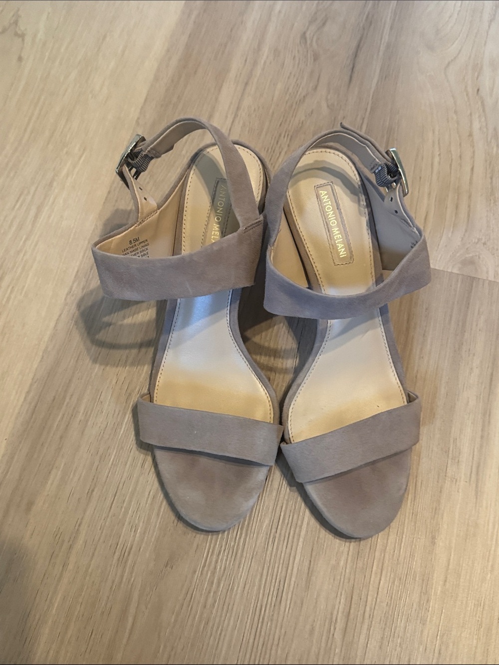 ANTONIO MELANI Taupe Suede Open-Toe Ankle Strap Heels
